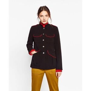 Zara Trafaluc Black Military Jacket Red Trim Button Front Pockets‎ Shoulder XS